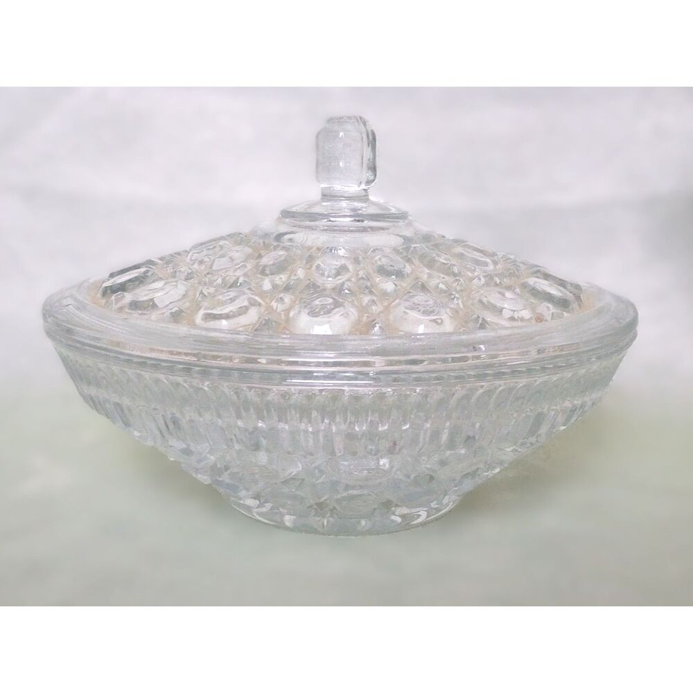 Vintage Federal Glass Windsor Pattern Cane & Button Design Covered Candy Dish